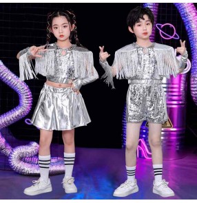 Children Silver jazz hiphop rapper singers dance costumes for boys girls gogo dancers performance outfits cheerleaders hip-hop catwalks dance clothes for kids